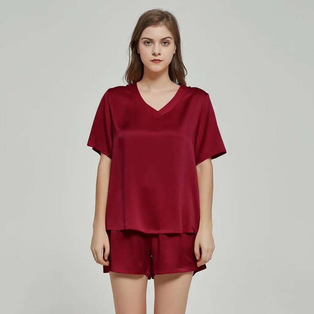 100% Mulberry Luxury V neck Short sleeve Nightwear Silk Pajamas Set for Women