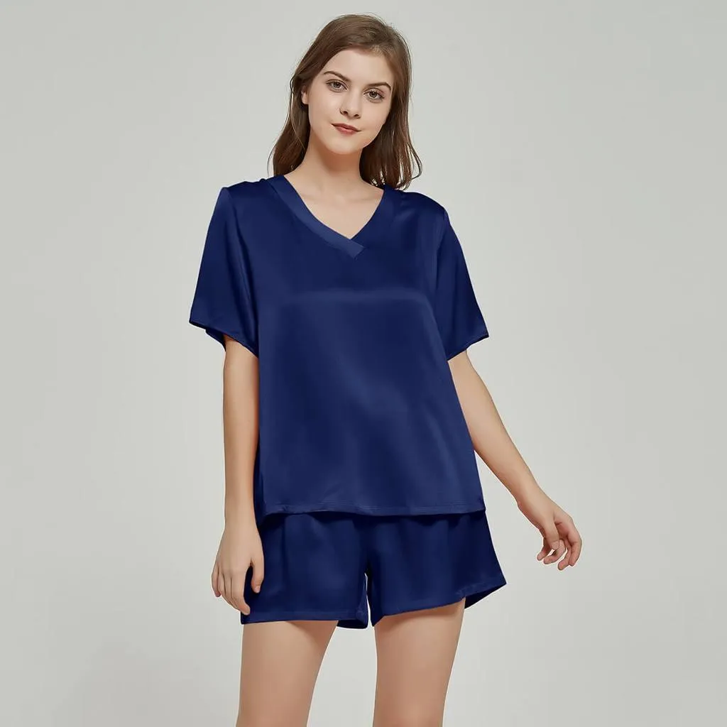 100% Mulberry Luxury V neck Short sleeve Nightwear Silk Pajamas Set for Women