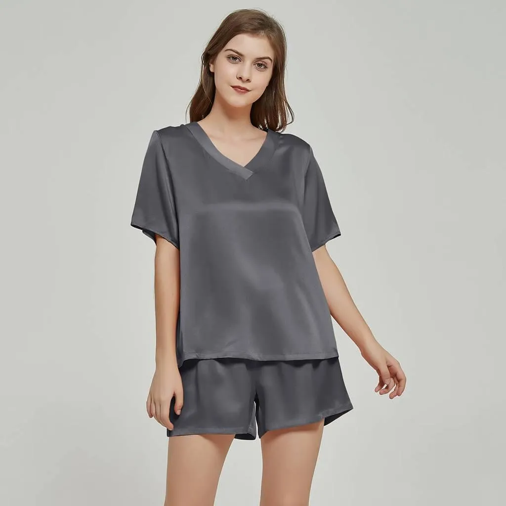 100% Mulberry Luxury V neck Short sleeve Nightwear Silk Pajamas Set for Women