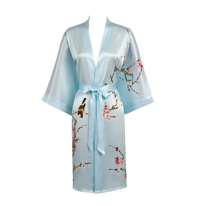 19 MM Pure Silk Kimono Robe Short Silk kimono Robe Cherry blossom Printed Silk Sleepwear