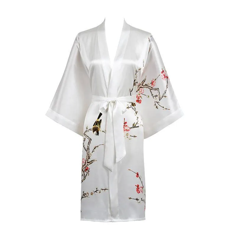 19 MM Pure Silk Kimono Robe Short Silk kimono Robe Cherry blossom Printed Silk Sleepwear