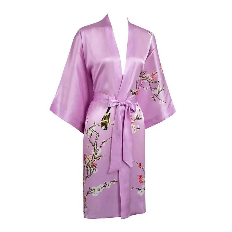 19 MM Pure Silk Kimono Robe Short Silk kimono Robe Cherry blossom Printed Silk Sleepwear