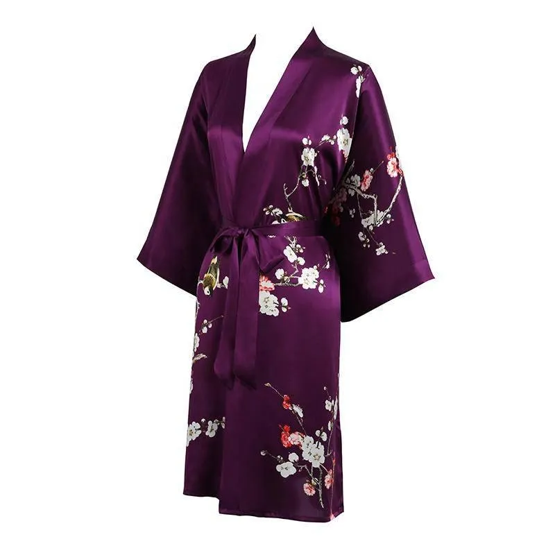 19 MM Pure Silk Kimono Robe Short Silk kimono Robe Cherry blossom Printed Silk Sleepwear