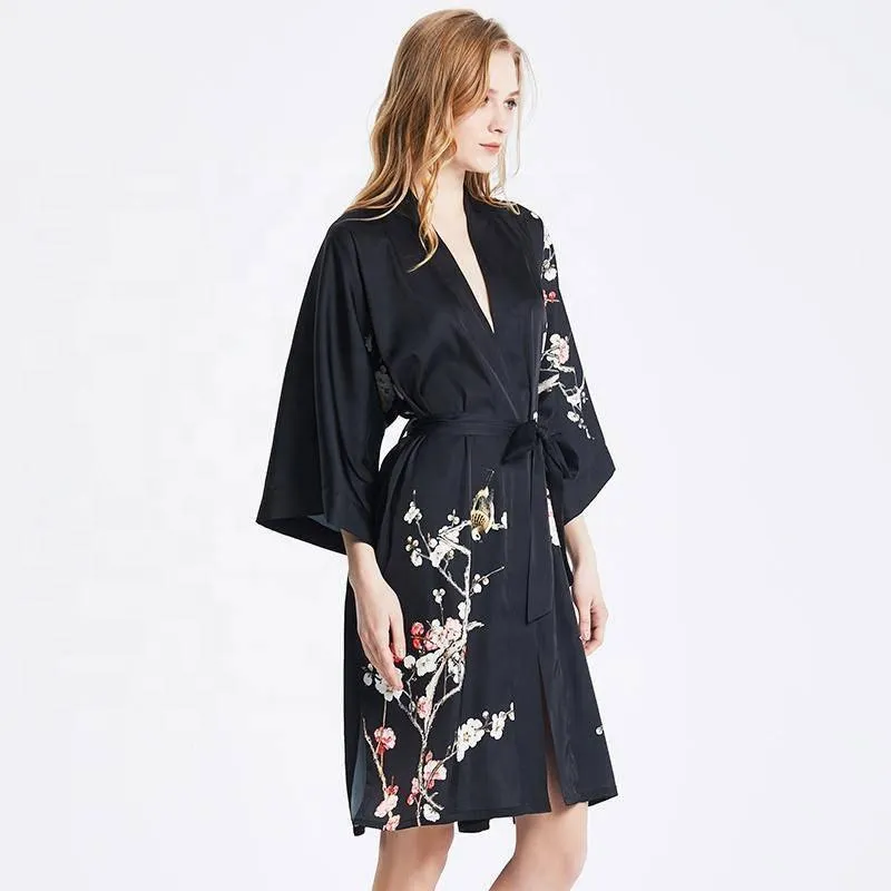 19 MM Pure Silk Kimono Robe Short Silk kimono Robe Cherry blossom Printed Silk Sleepwear