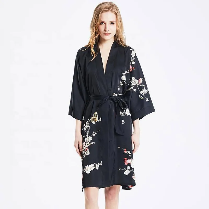 19 MM Pure Silk Kimono Robe Short Silk kimono Robe Cherry blossom Printed Silk Sleepwear