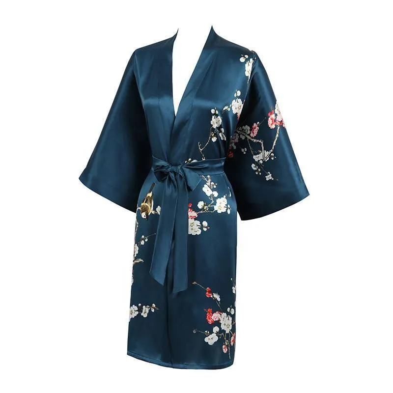 19 MM Pure Silk Kimono Robe Short Silk kimono Robe Cherry blossom Printed Silk Sleepwear