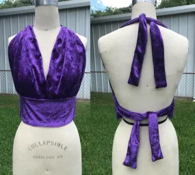 70s Style | Groovy Purple Velvet Boho Hippie Halter Bralette Crop Top | One Size