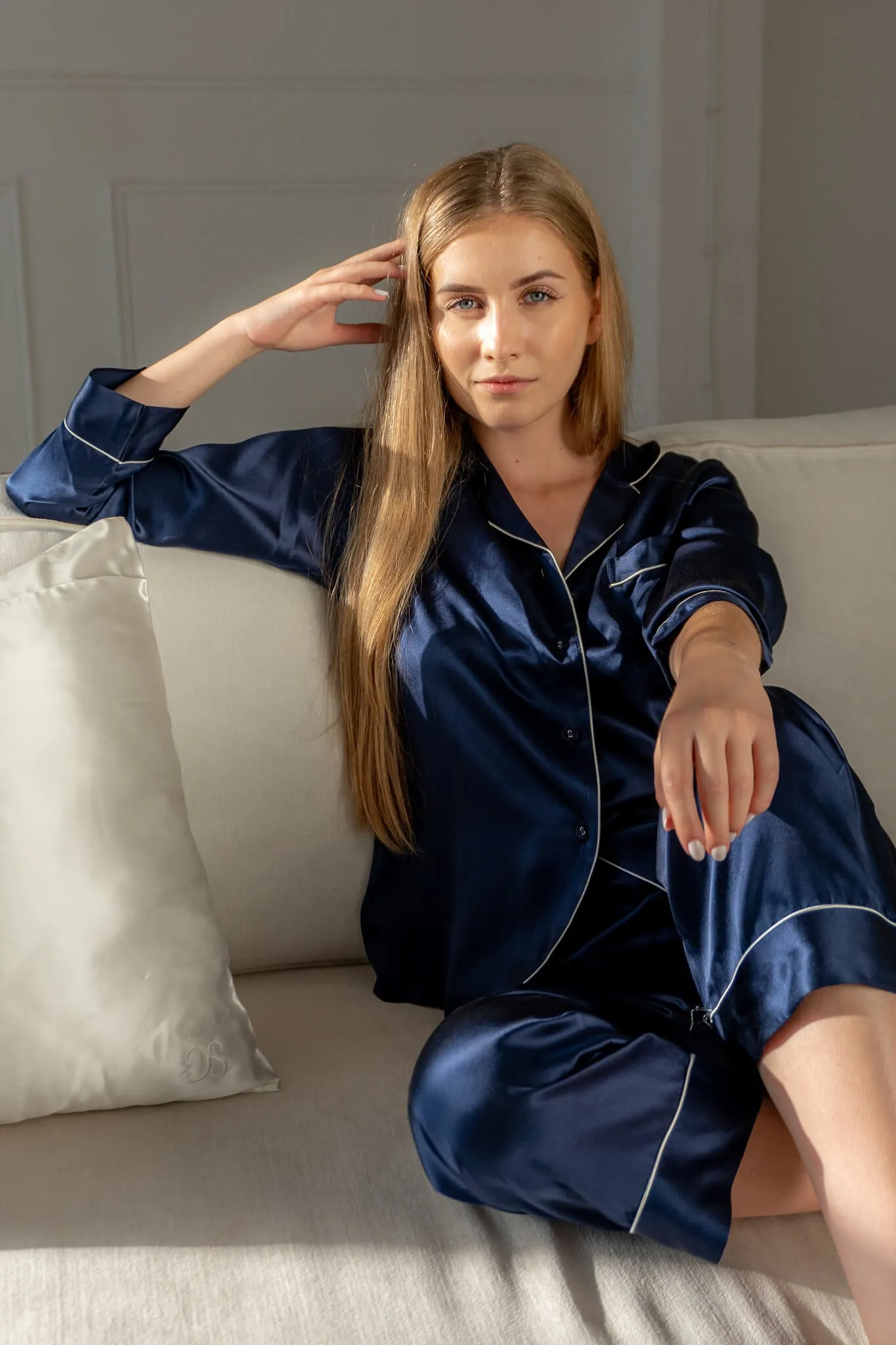 Amalfi Azure Long Silk Pajamas