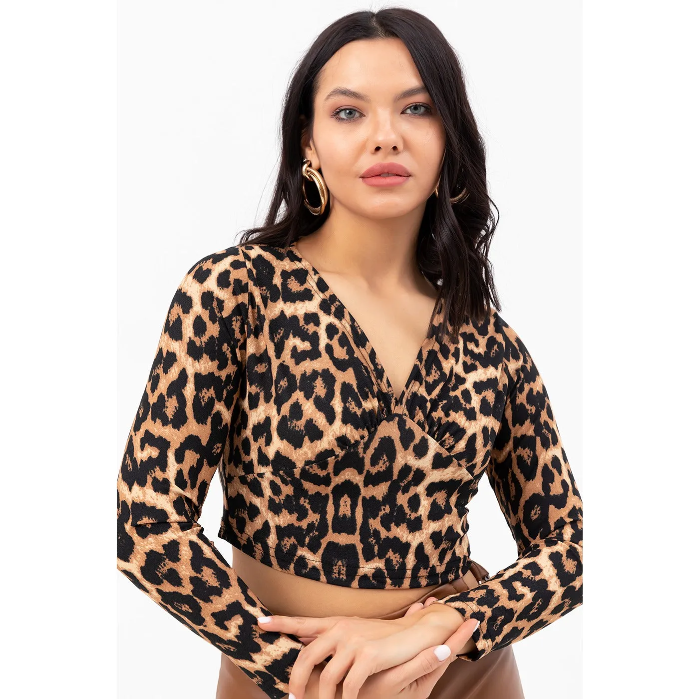 Animal Print Double Breasted Crop Blouse