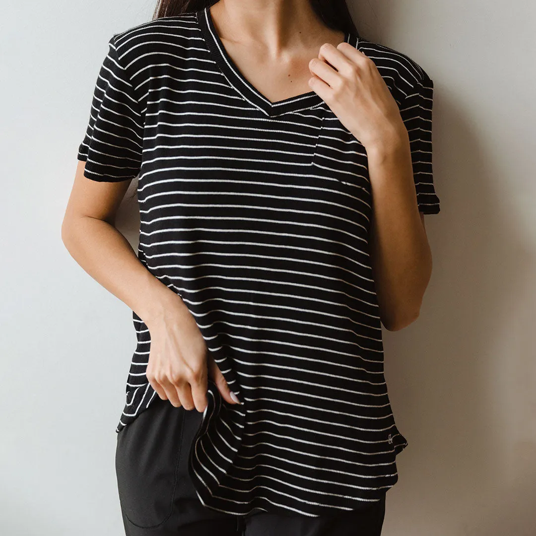 Basic V Neck Tee, Chunky Black and White Stripe