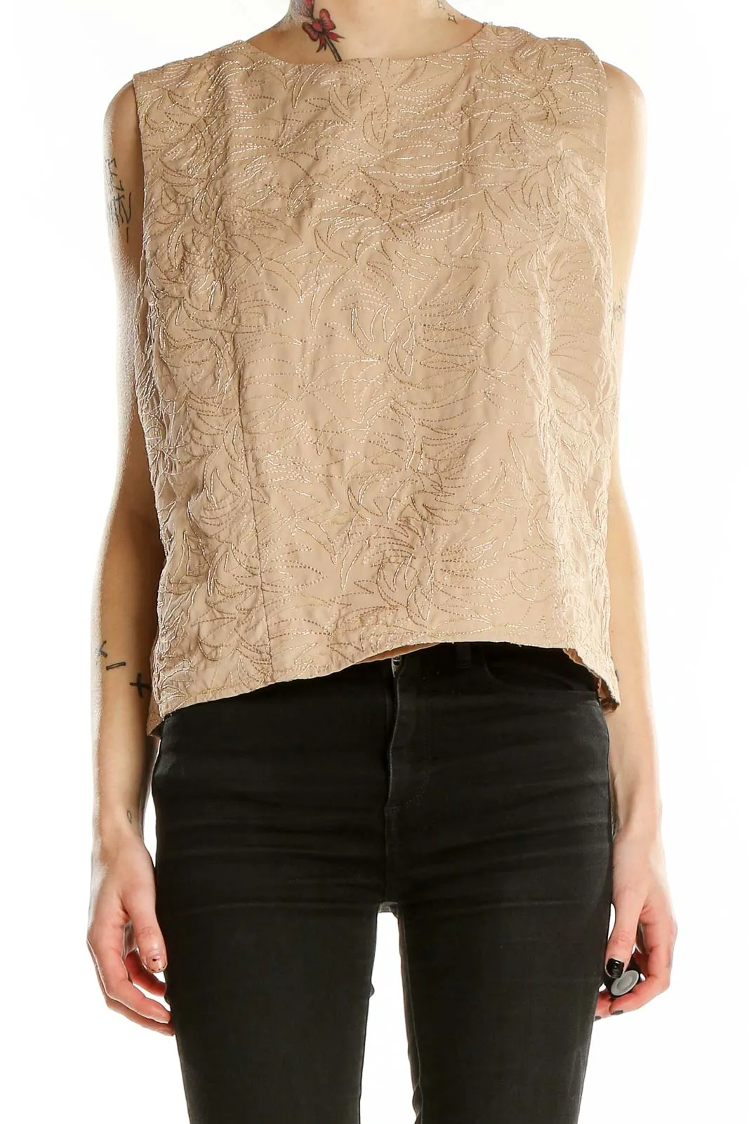 Beige Textured Sleeveless Crop Top