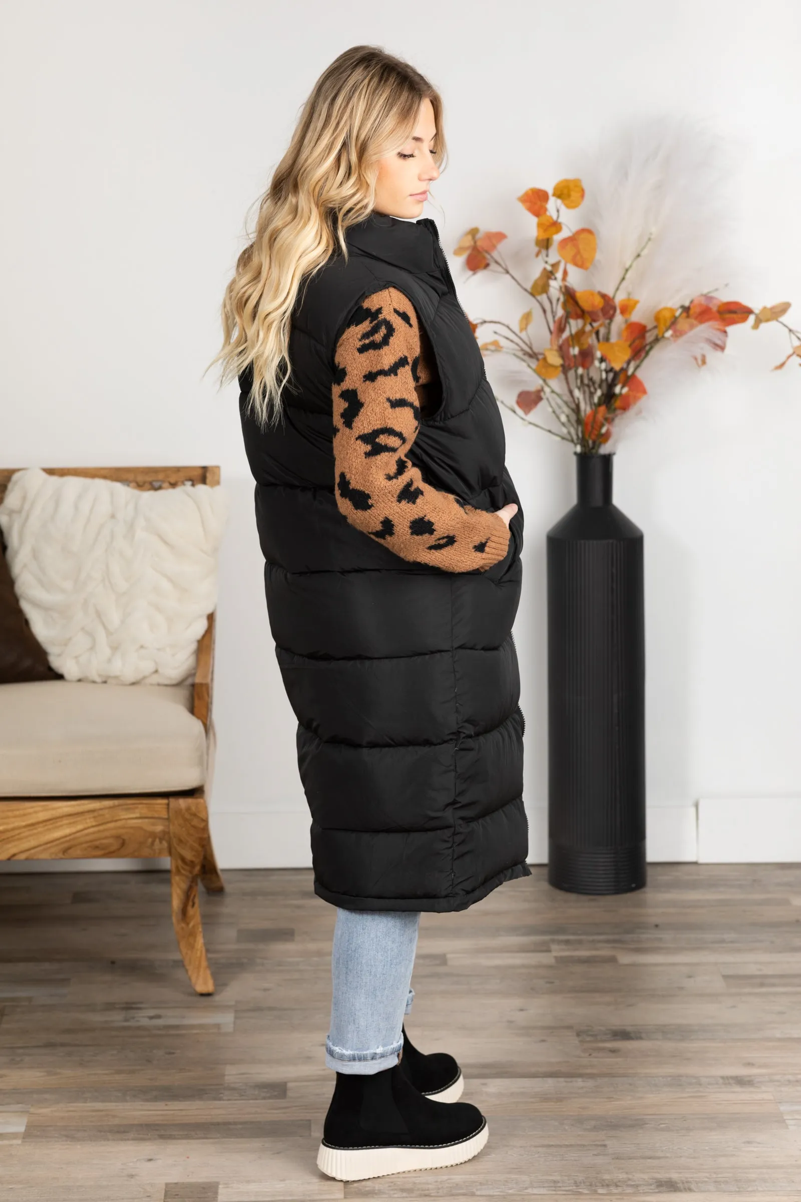 Black Front Zipper Long Puffer Vest