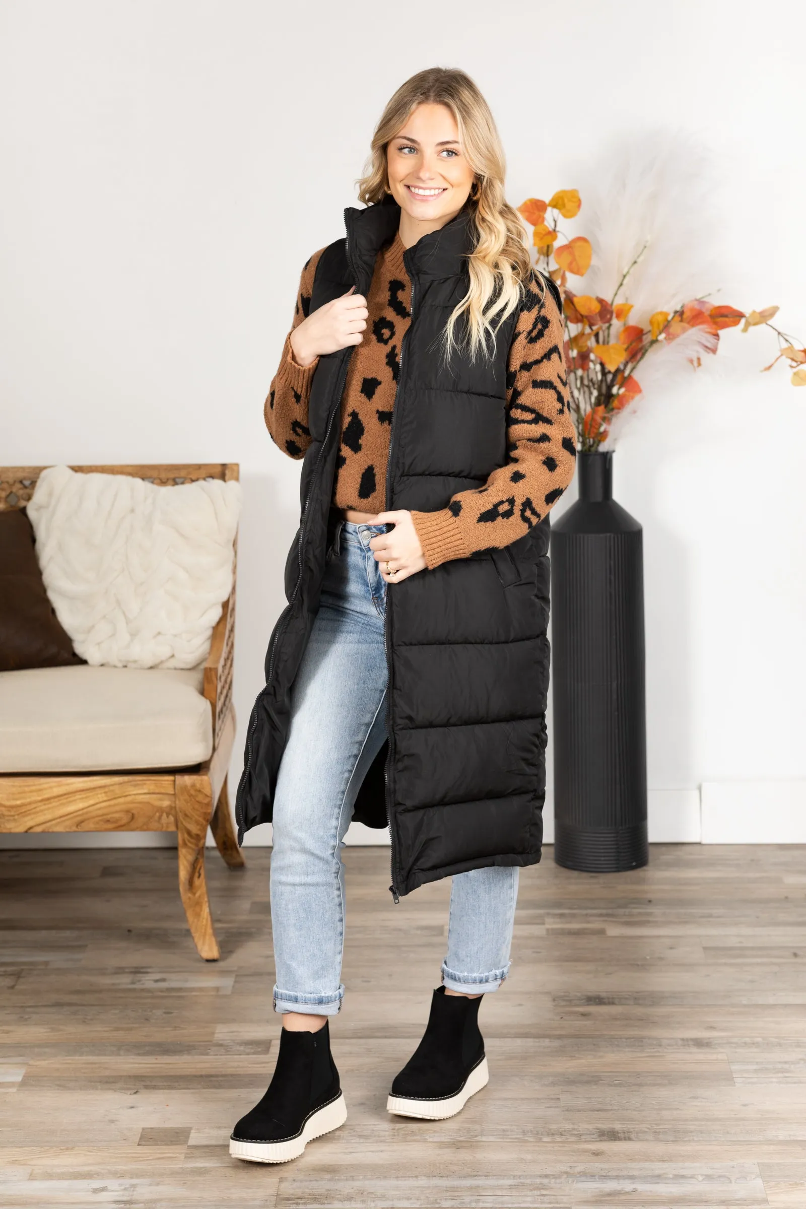 Black Front Zipper Long Puffer Vest