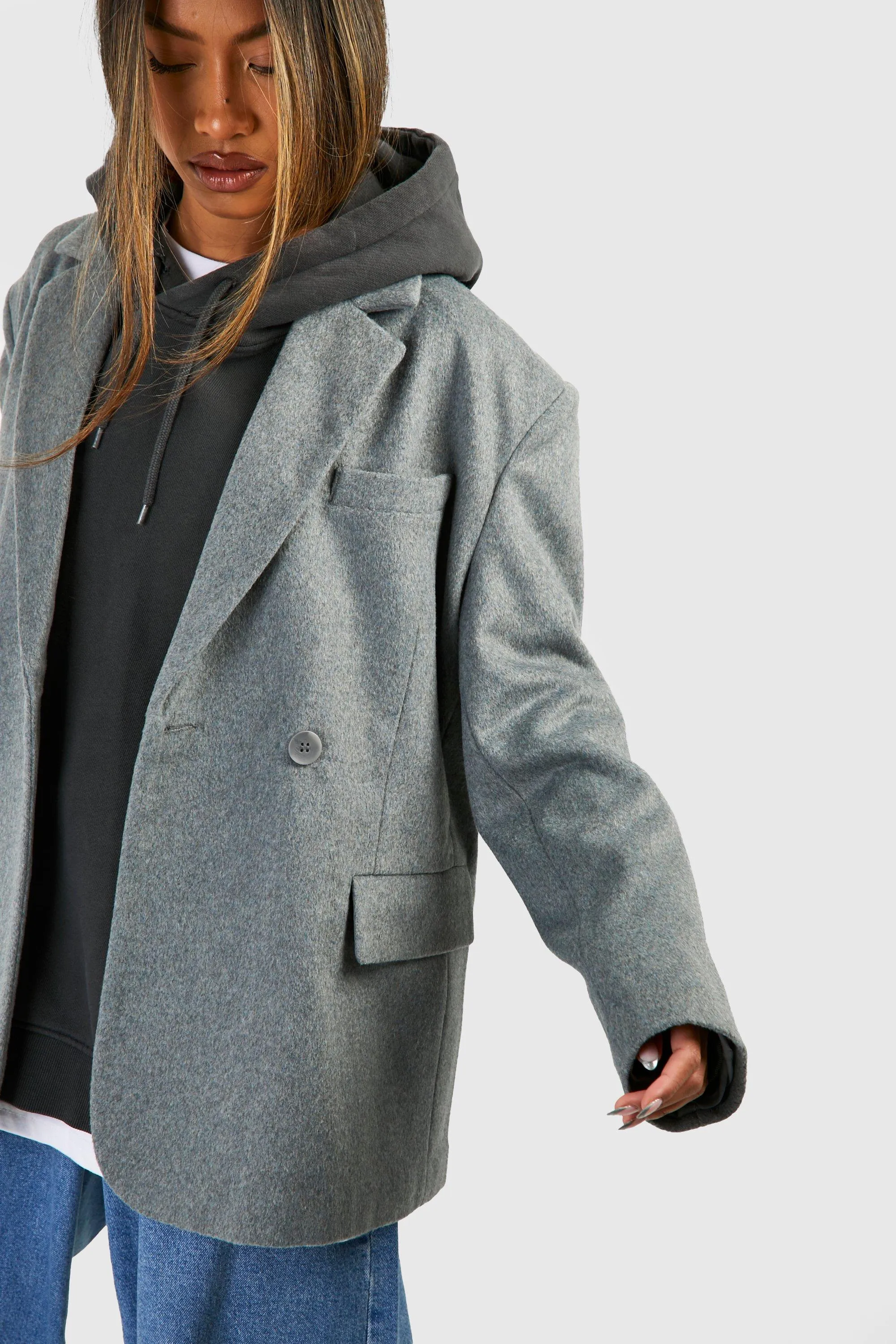 Boohoo Oversized Wool Double Breasted Blazer, Gray