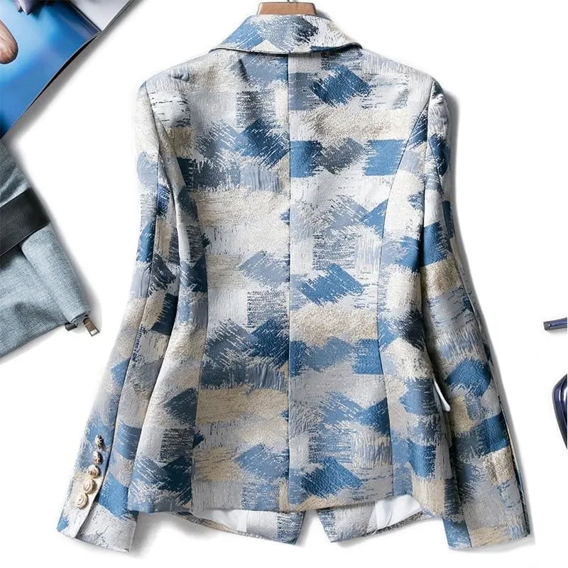 Brand New Unique Designing Runway Women Notched Double Breasted Plaid Graffiti Printing Casual Blazer Jacket