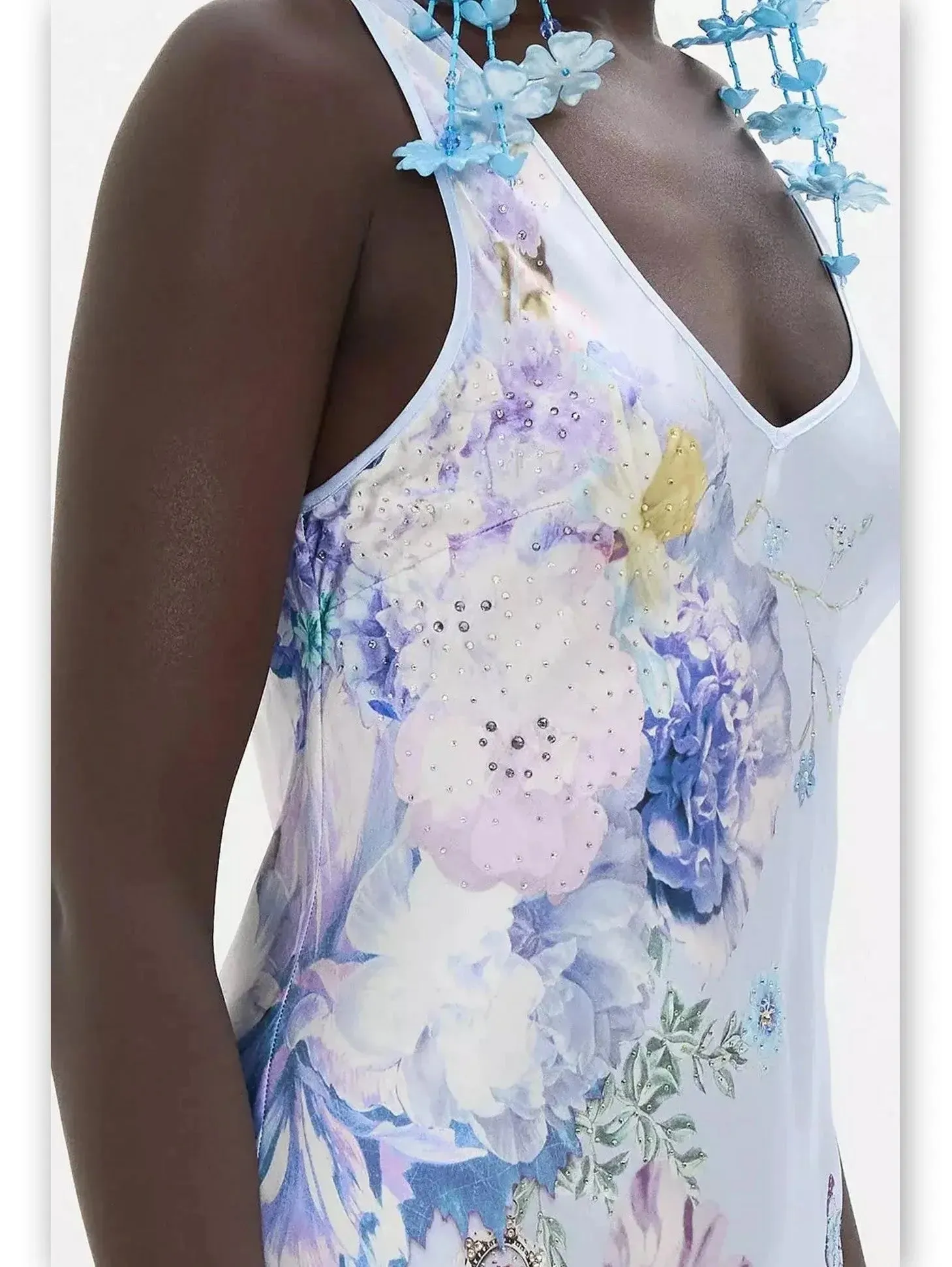 Butterfly and Floral Printed Long Silk Slip Tank Dress in Light Blue