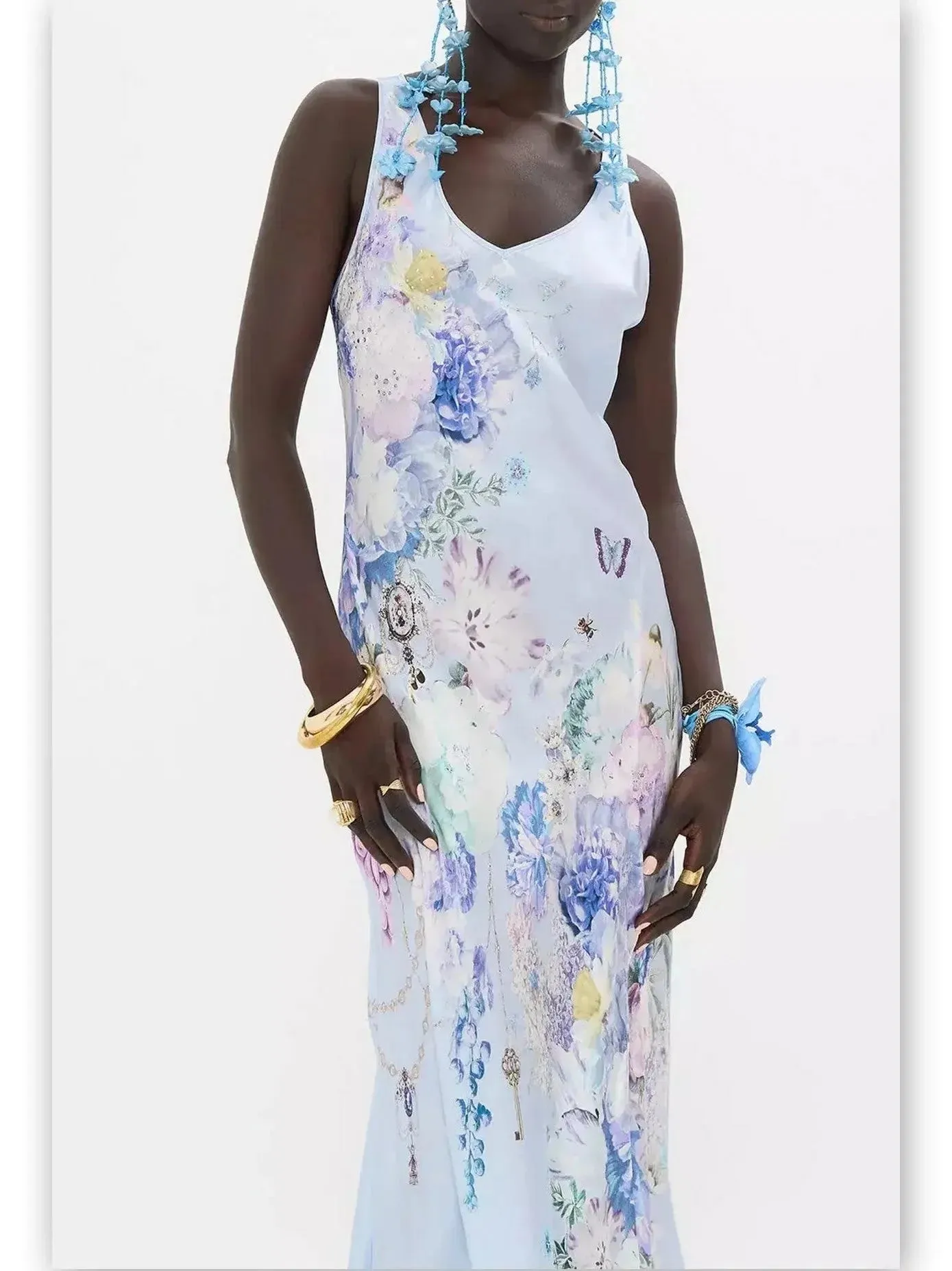 Butterfly and Floral Printed Long Silk Slip Tank Dress in Light Blue