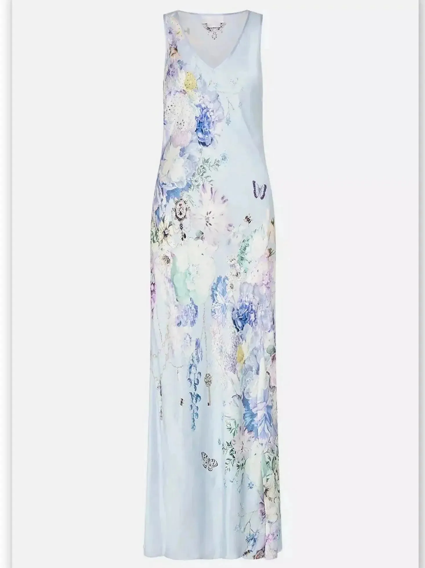 Butterfly and Floral Printed Long Silk Slip Tank Dress in Light Blue