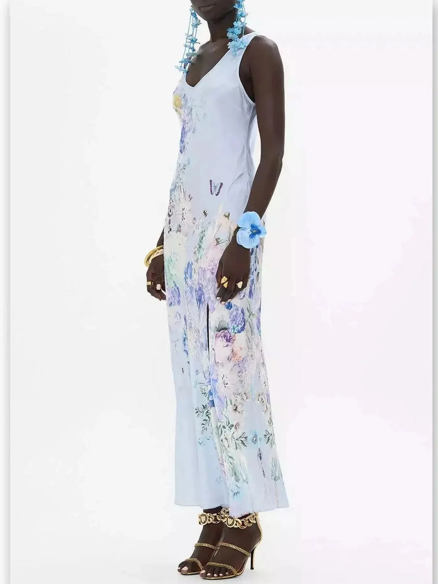 Butterfly and Floral Printed Long Silk Slip Tank Dress in Light Blue