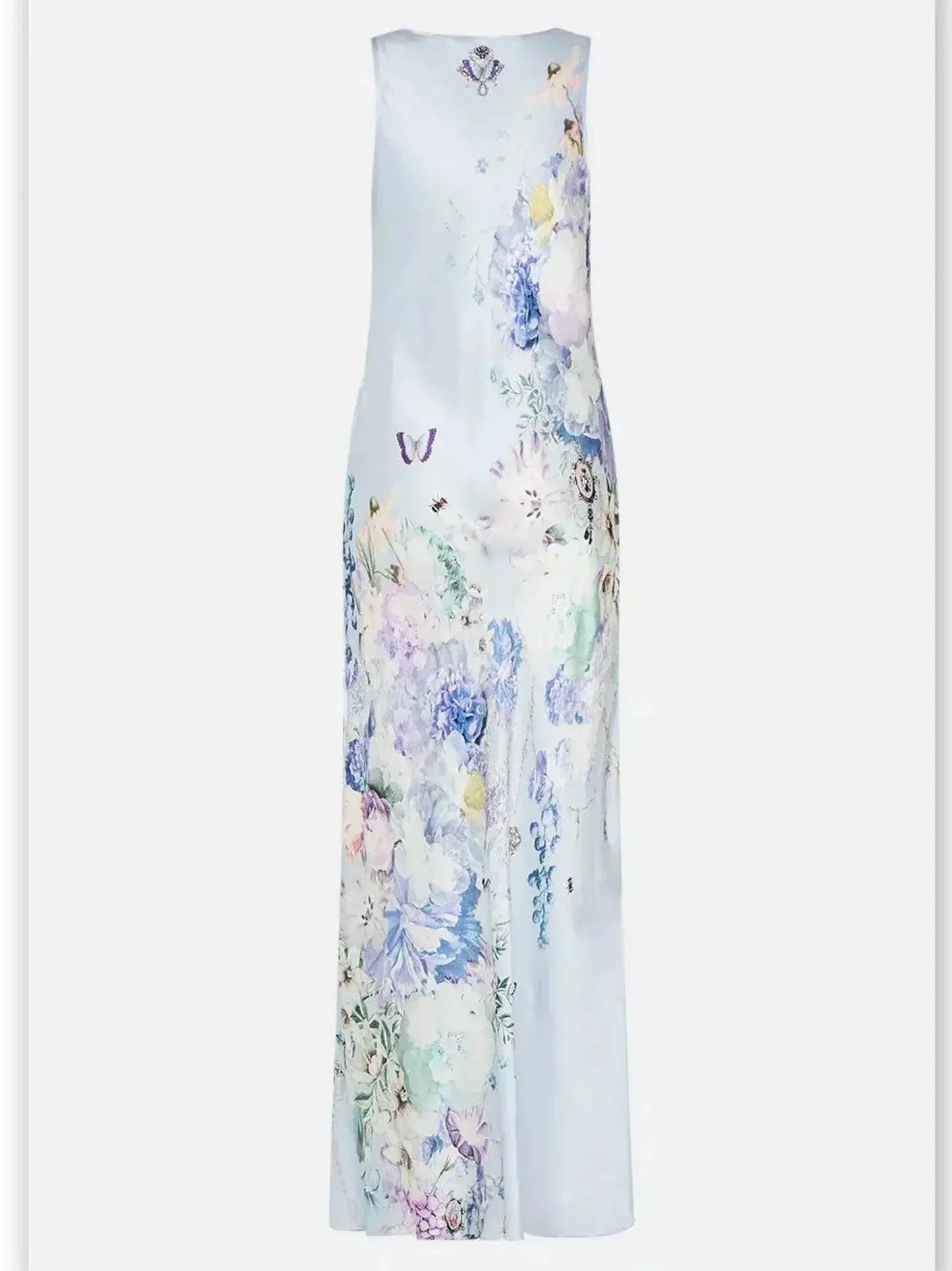 Butterfly and Floral Printed Long Silk Slip Tank Dress in Light Blue