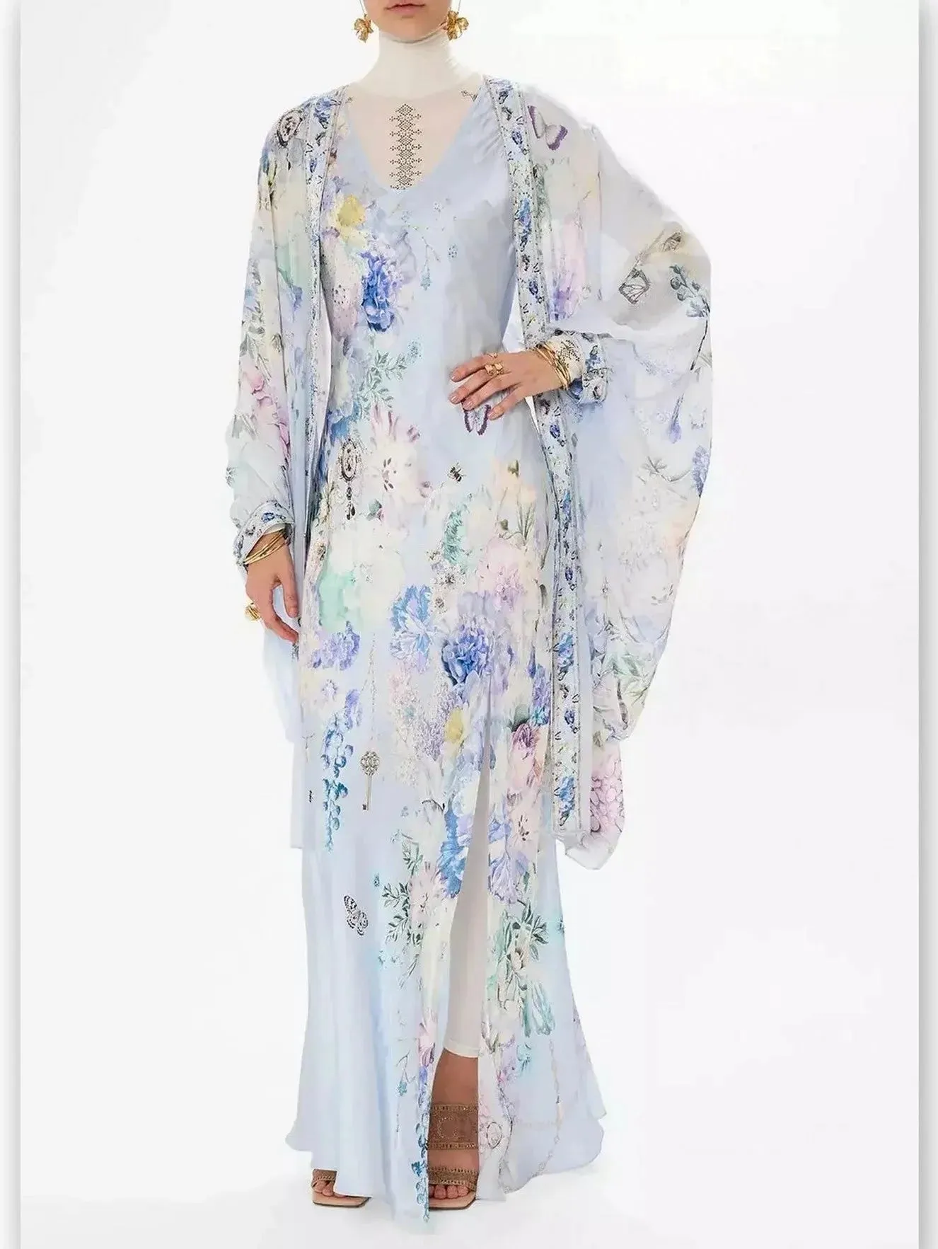 Butterfly and Floral Printed Long Silk Slip Tank Dress in Light Blue