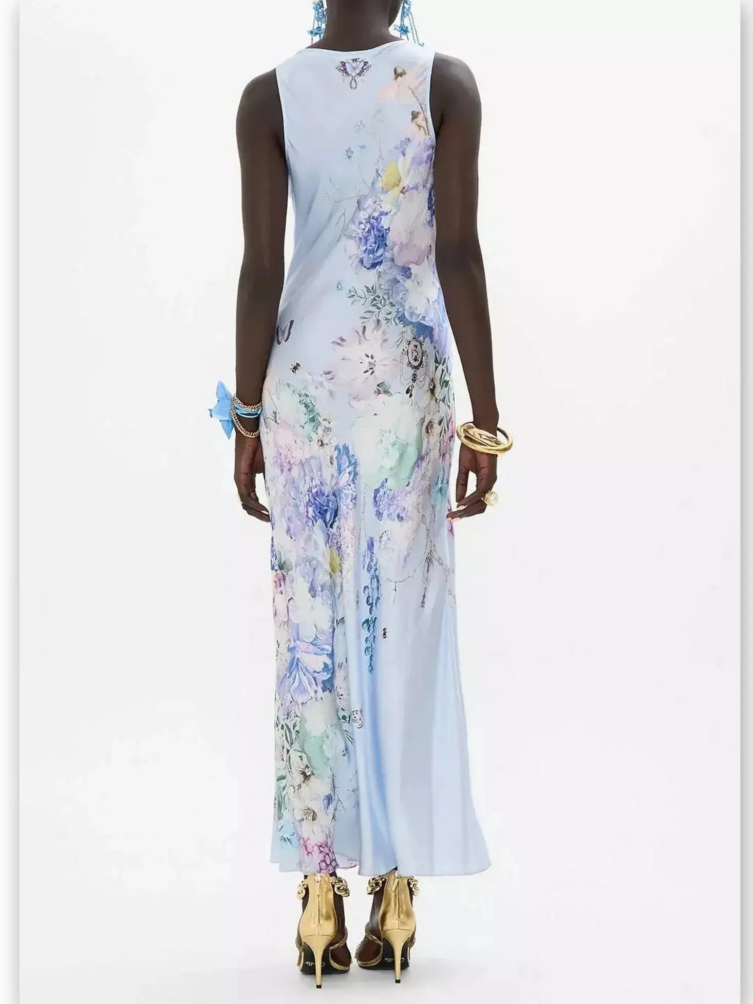 Butterfly and Floral Printed Long Silk Slip Tank Dress in Light Blue