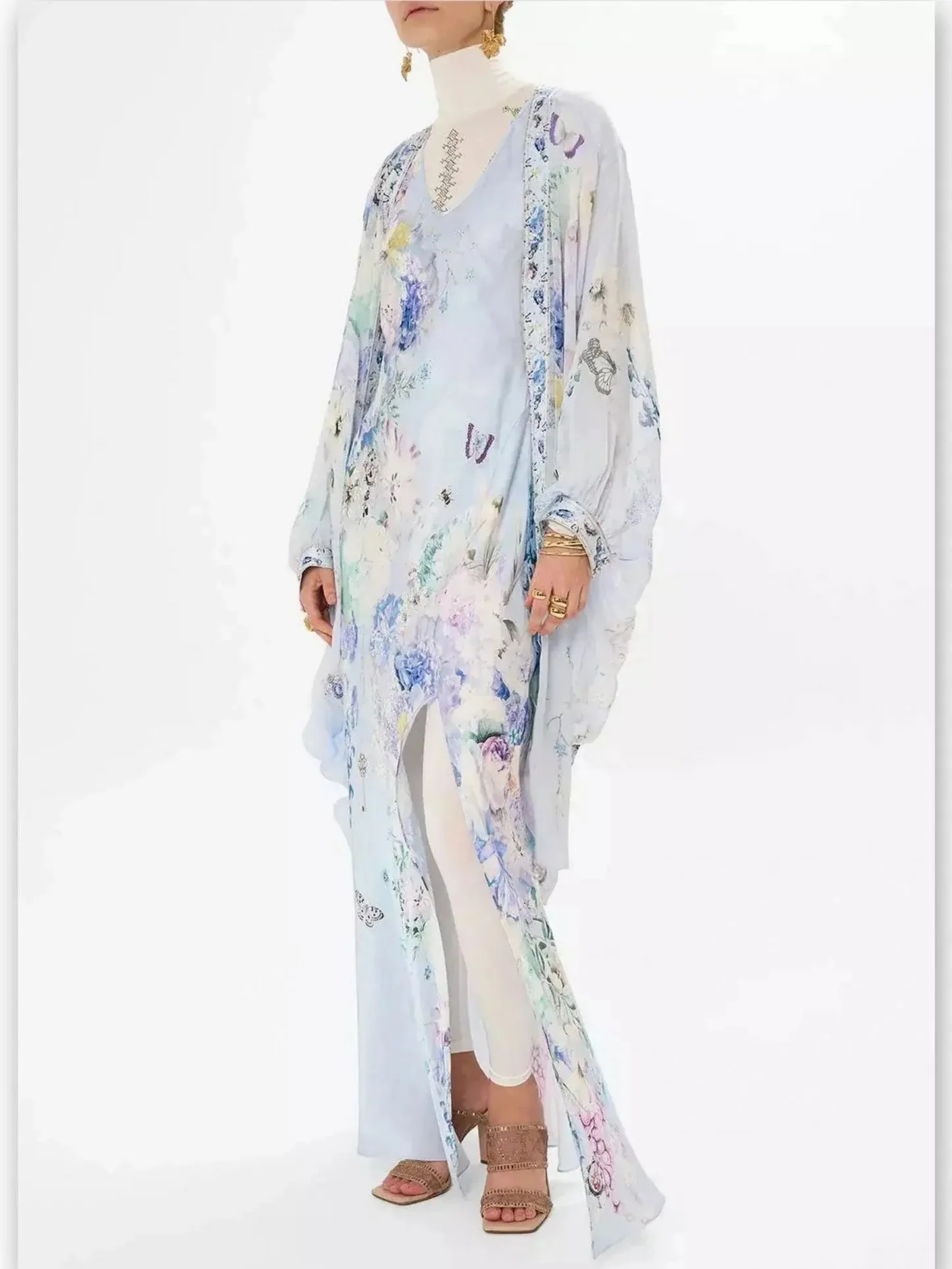 Butterfly and Floral Printed Long Silk Slip Tank Dress in Light Blue