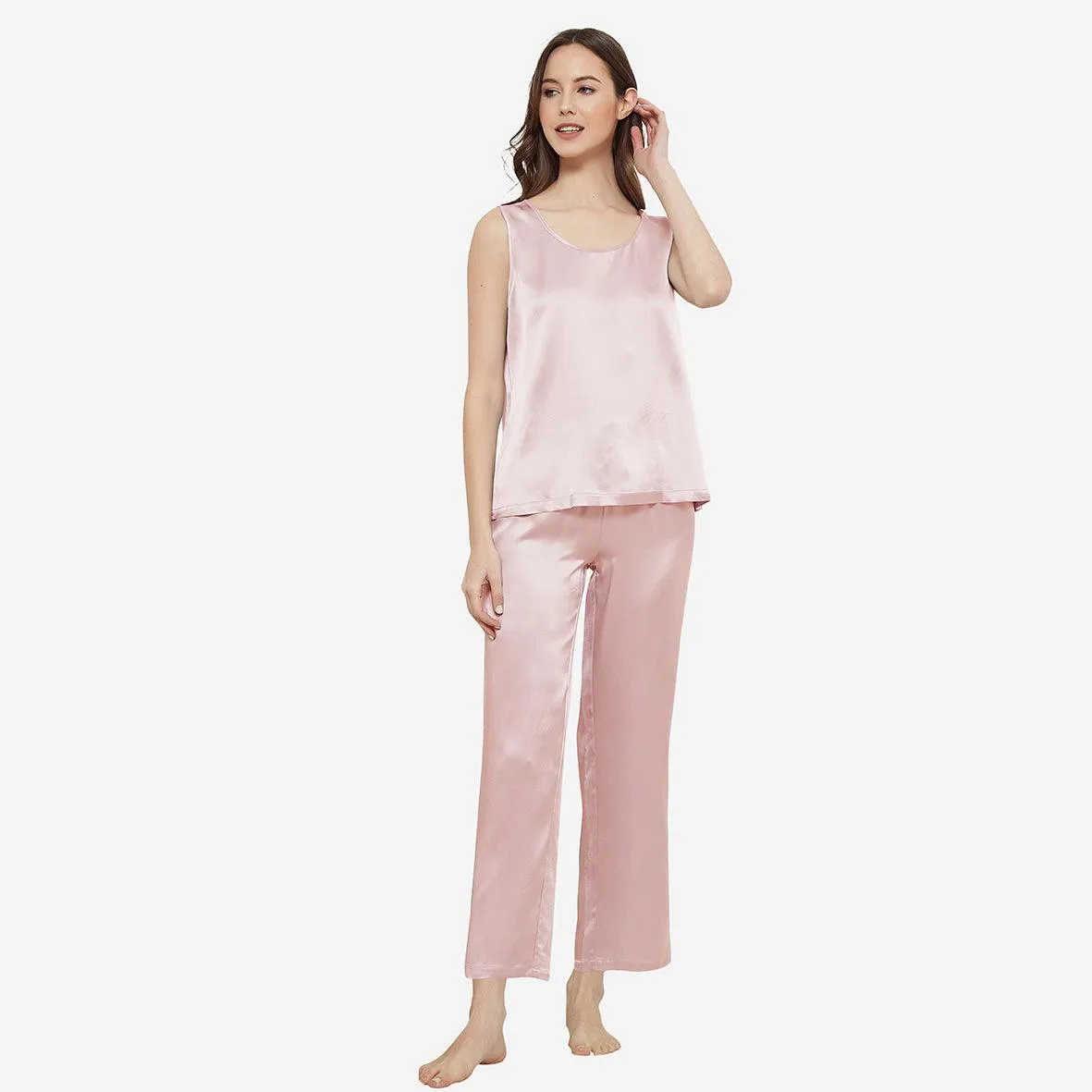 Classic Womens  Silk Tank Set 100% Mulberry Silk Sleepwear With Long pants