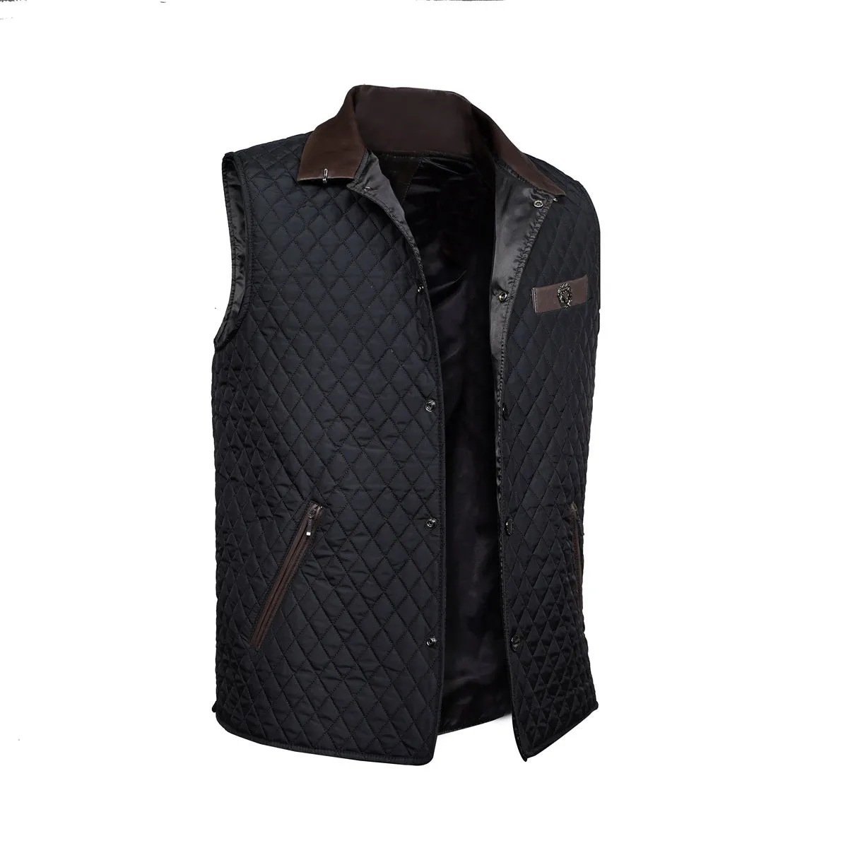 Diamond Stitched Black Puffer Vest with Dark Brown Leather Trims Collar & Pockets