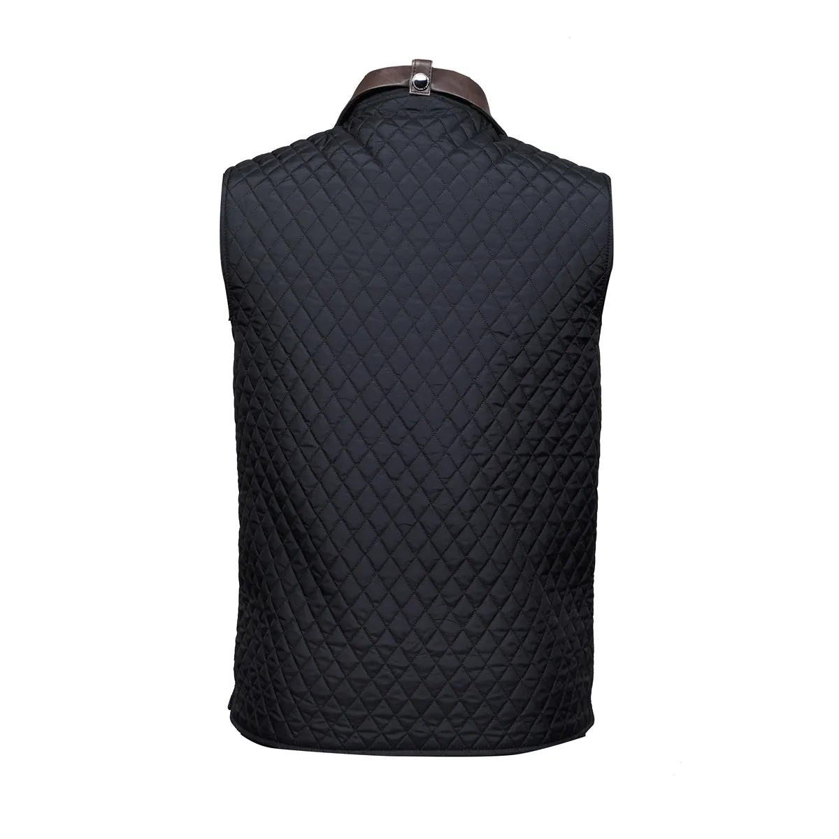 Diamond Stitched Black Puffer Vest with Dark Brown Leather Trims Collar & Pockets