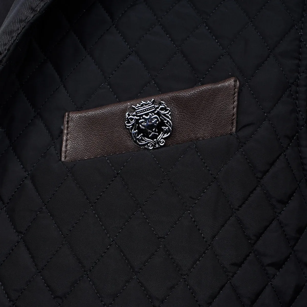 Diamond Stitched Black Puffer Vest with Dark Brown Leather Trims Collar & Pockets