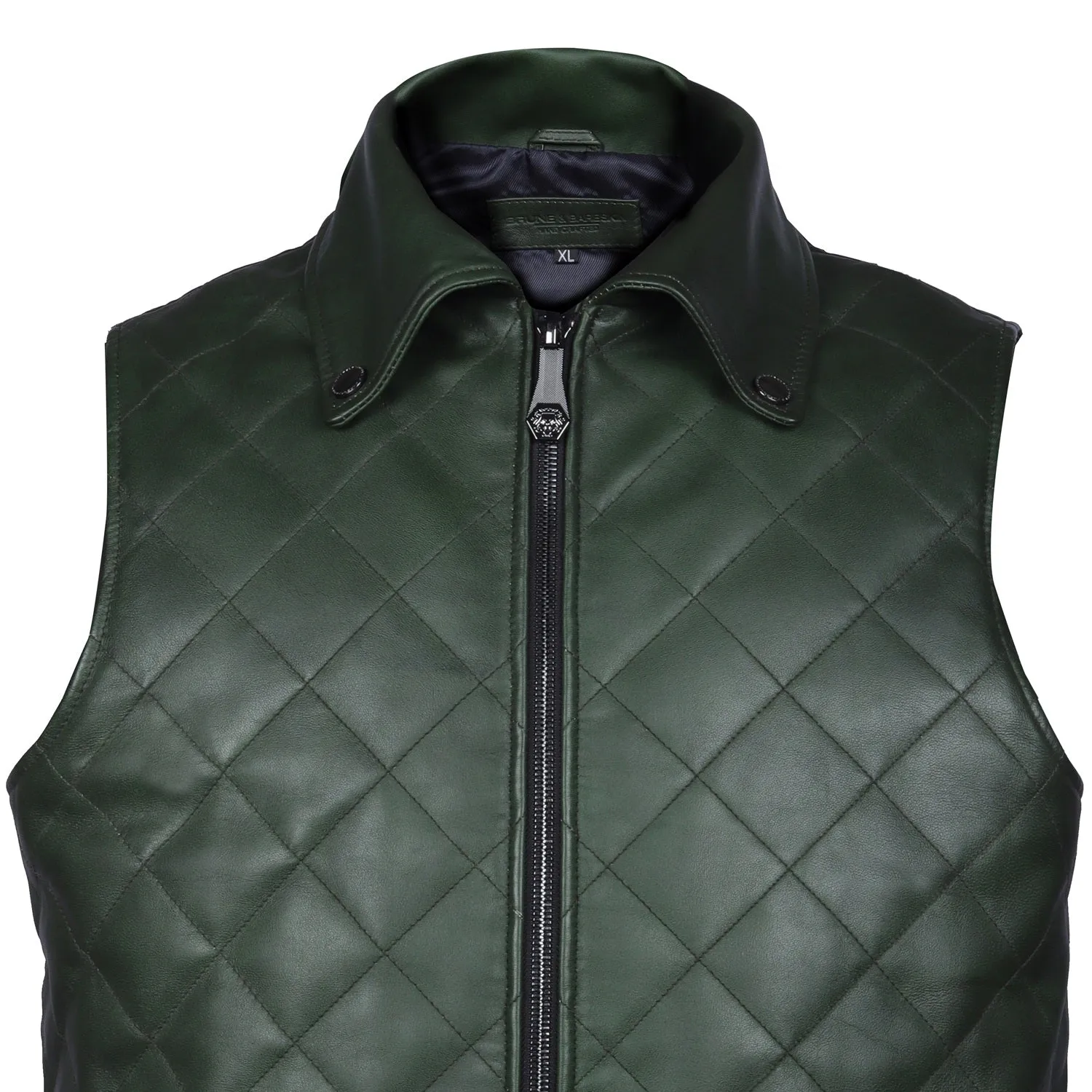 Diamond Stitched Green Leather Vest Jacket with Zipper Closure