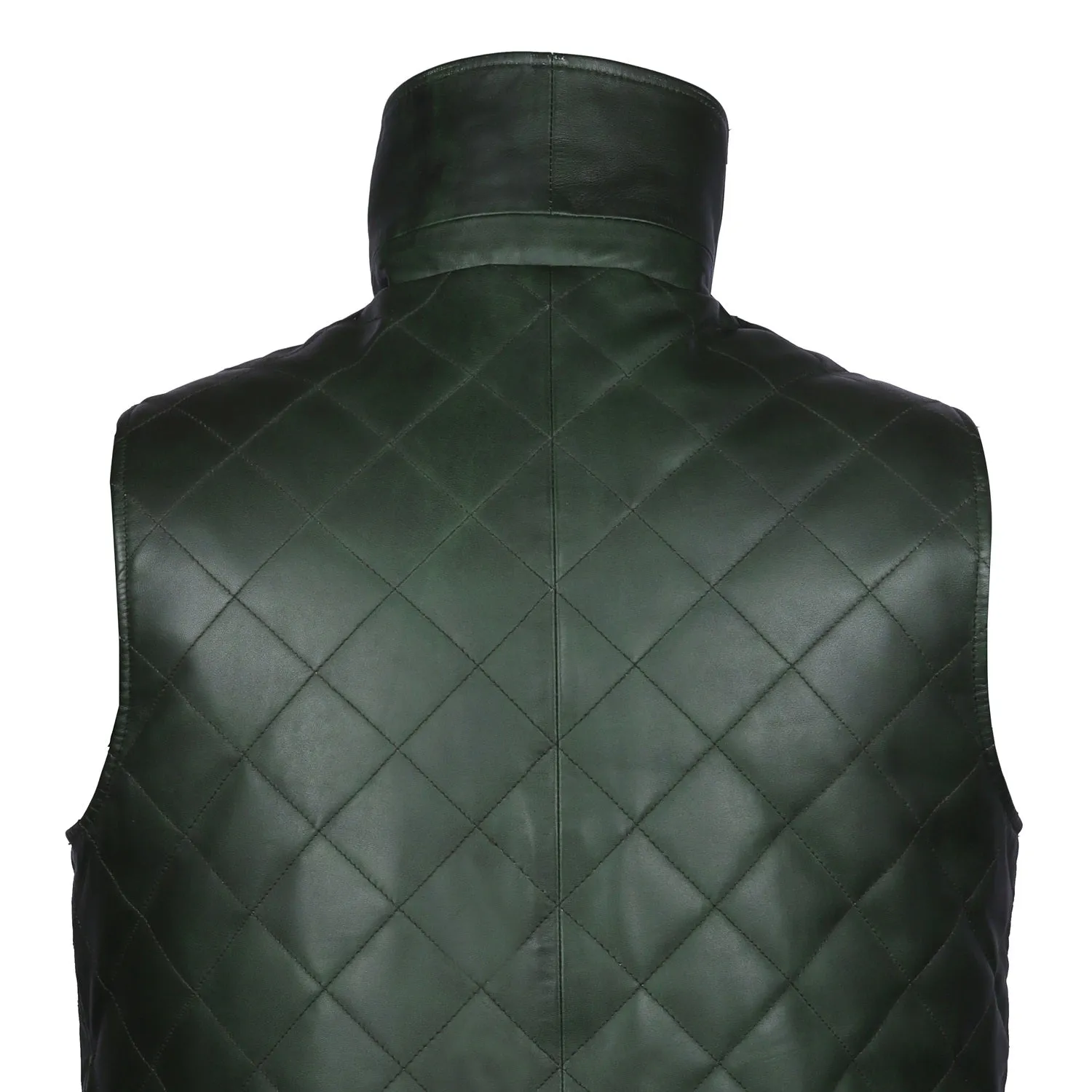 Diamond Stitched Green Leather Vest Jacket with Zipper Closure