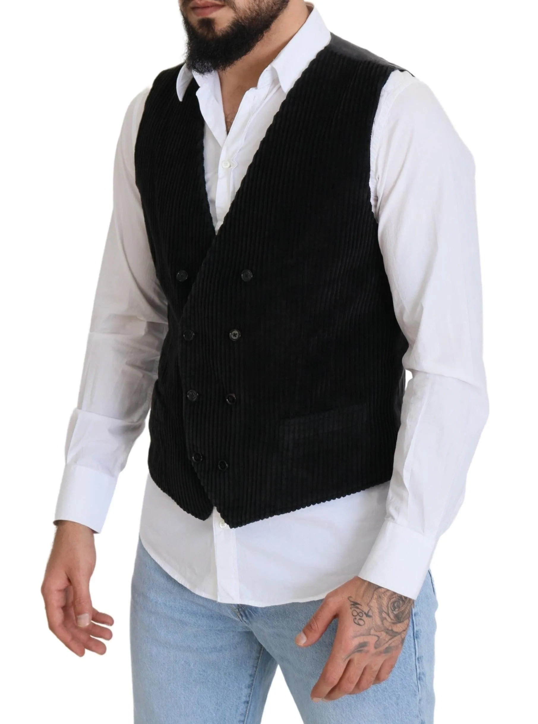 Dolce & Gabbana Black Cotton Double Breasted Waistcoat Vest