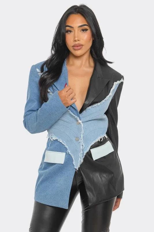 Edgy Enough- Denim  and Leather Patchwork Blazer