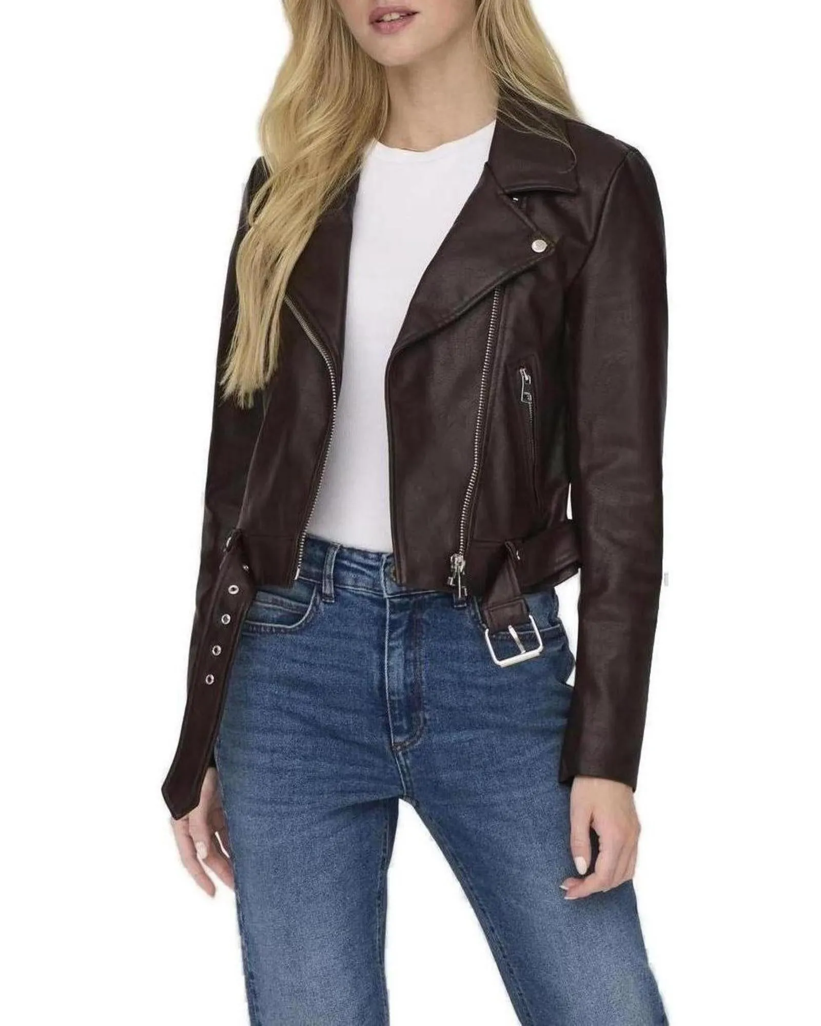 Faux Leather Biker Jacket with Zip Fastening and Long Sleeves