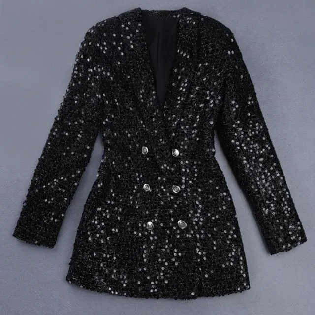 High Quality Double Lion Buttons Shawl Collar Glitter Sequined Long Runway Black Blazers