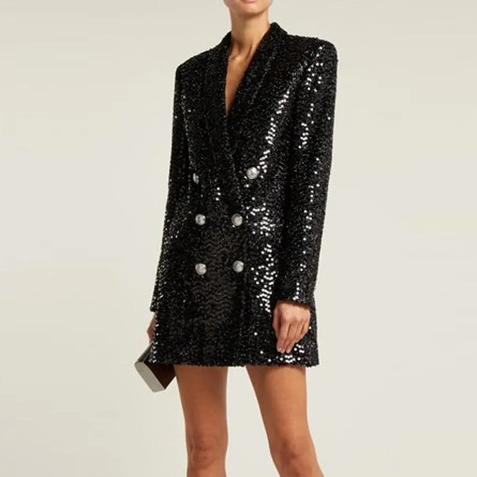 High Quality Double Lion Buttons Shawl Collar Glitter Sequined Long Runway Black Blazers