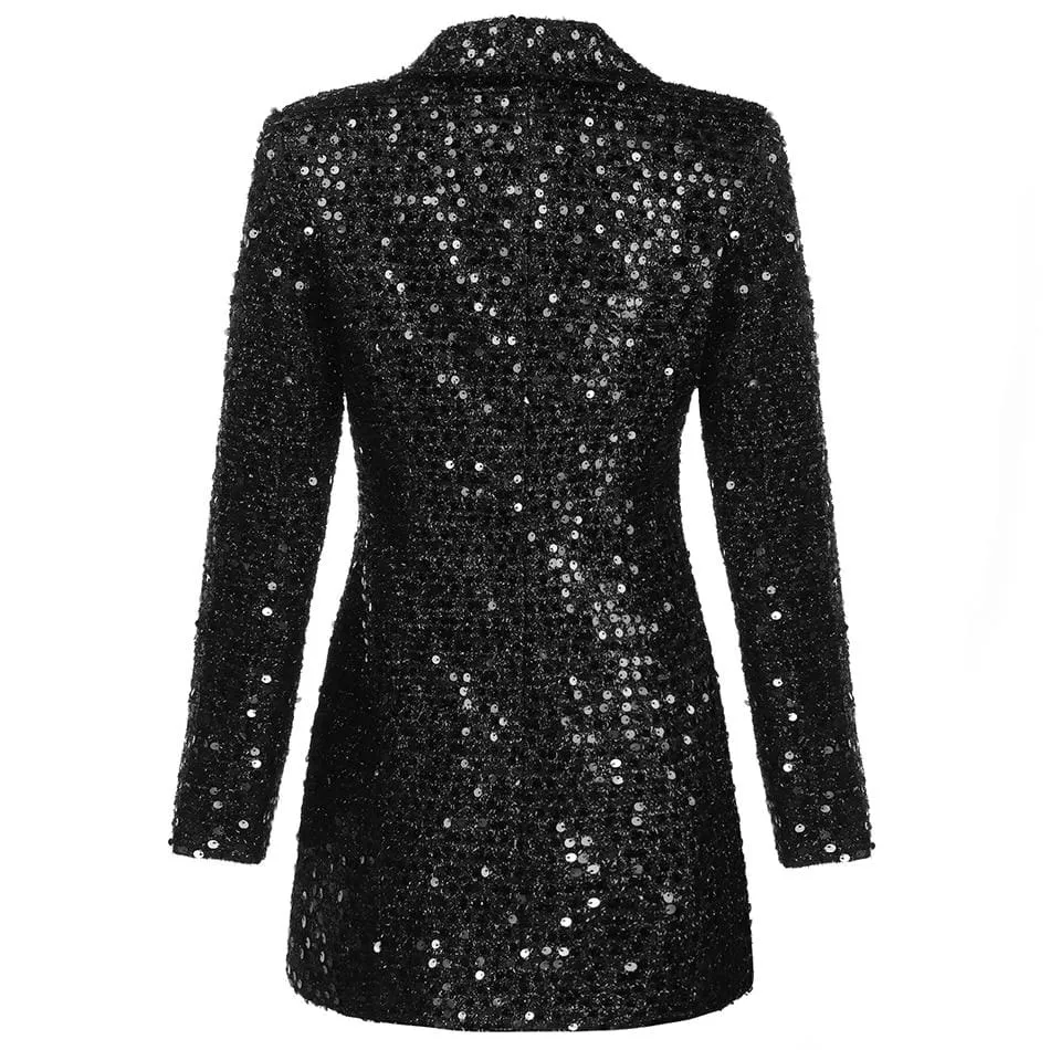 High Quality Double Lion Buttons Shawl Collar Glitter Sequined Long Runway Black Blazers