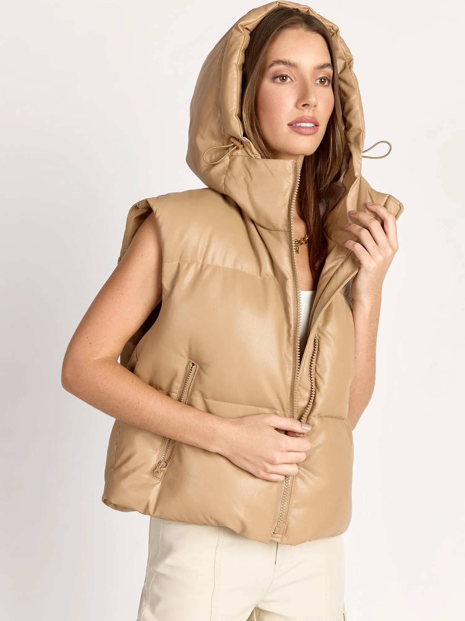 Hooded Faux Leather Crop Puffer Vest - Aaron & Amber