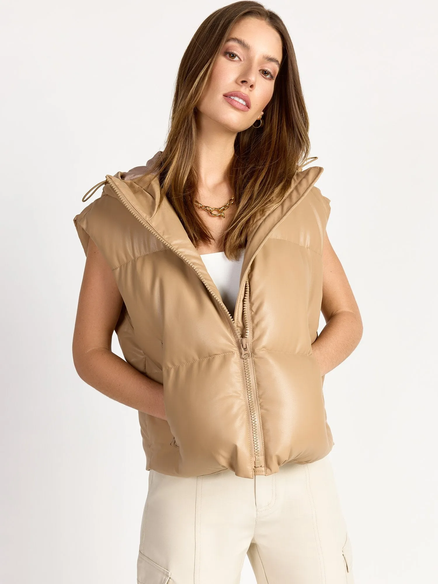 Hooded Faux Leather Crop Puffer Vest - Aaron & Amber