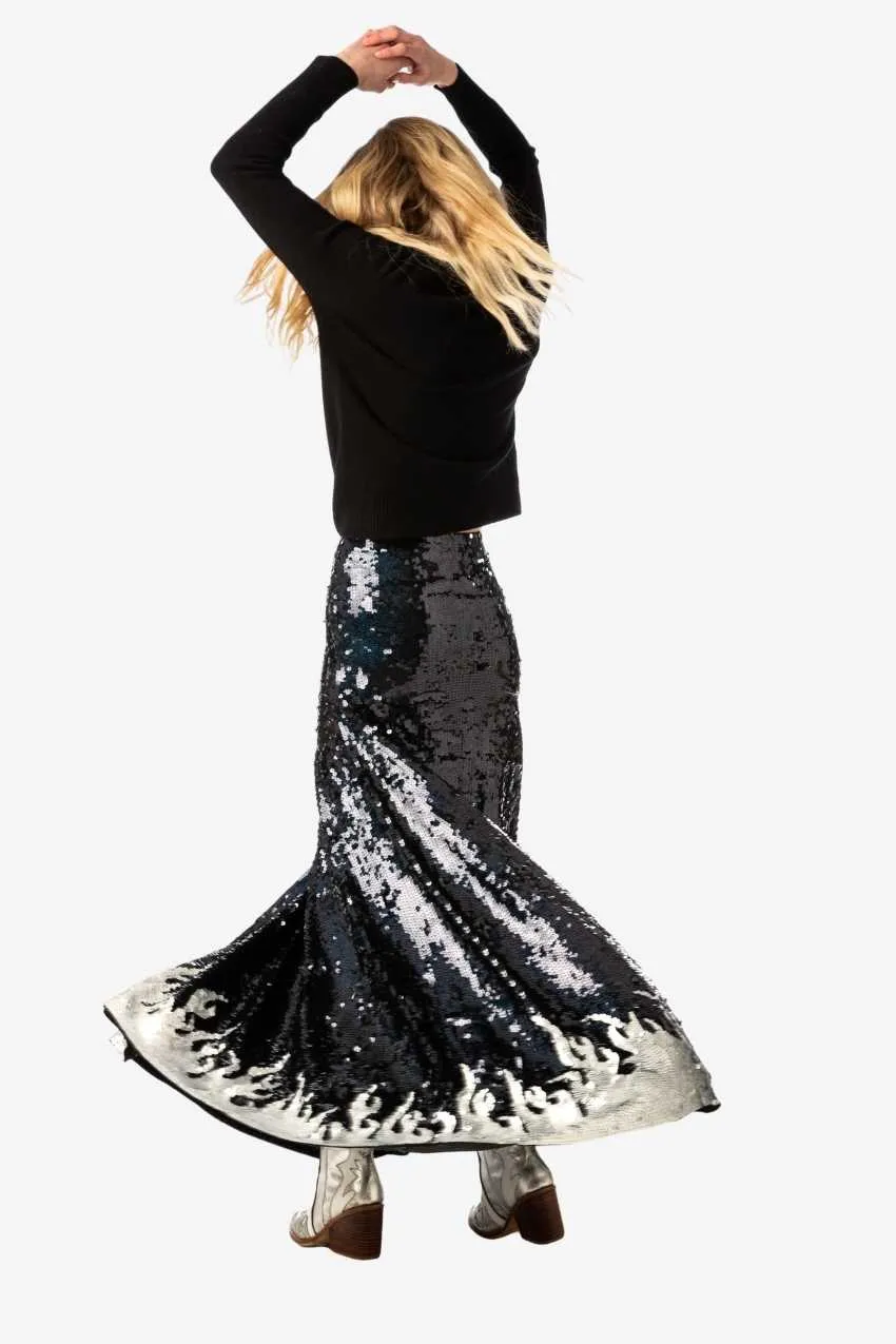 Indigo Flame Sequin Long Skirt