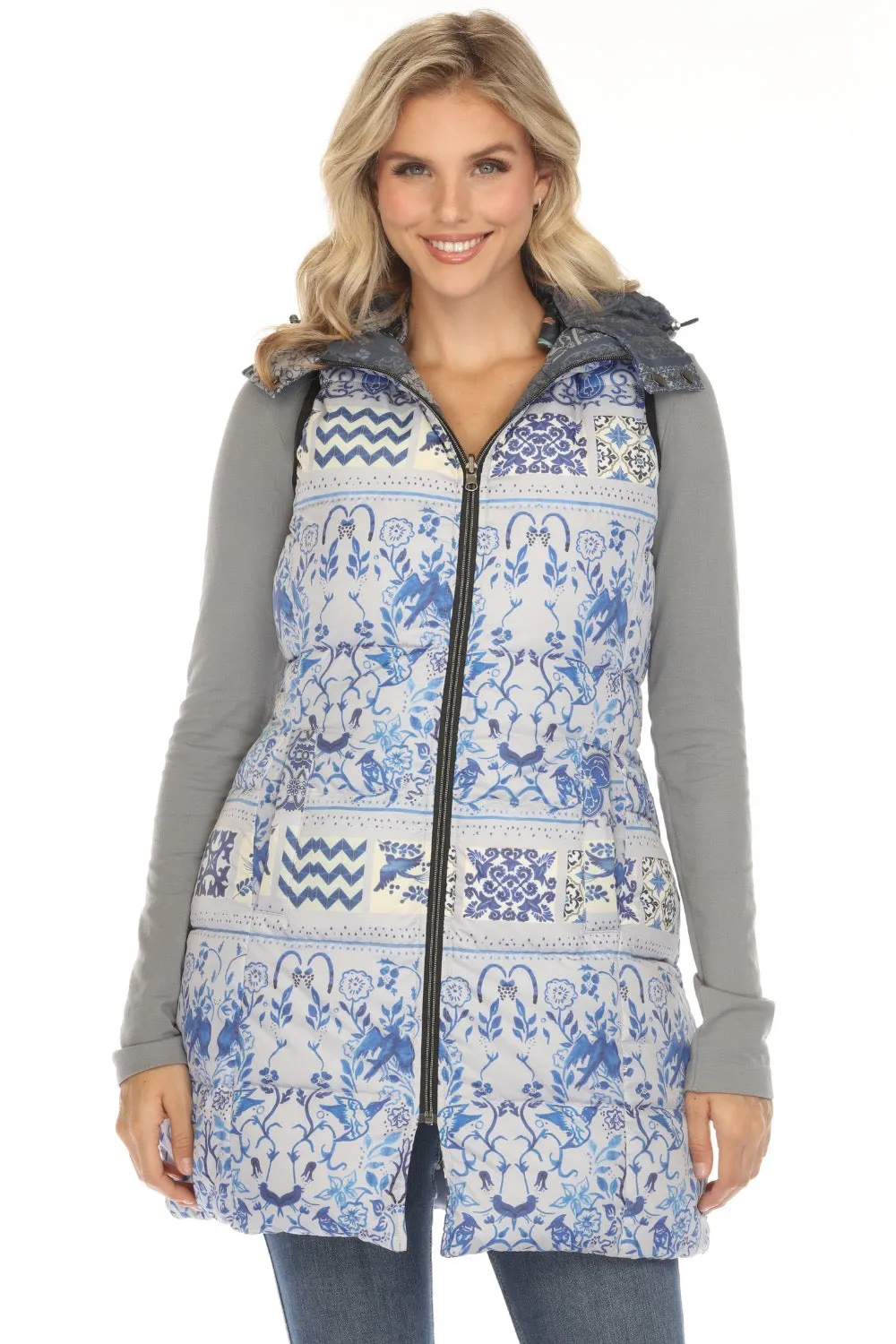 Johnny Was Blue Reversible Hooded Long Puffer Vest LL3243