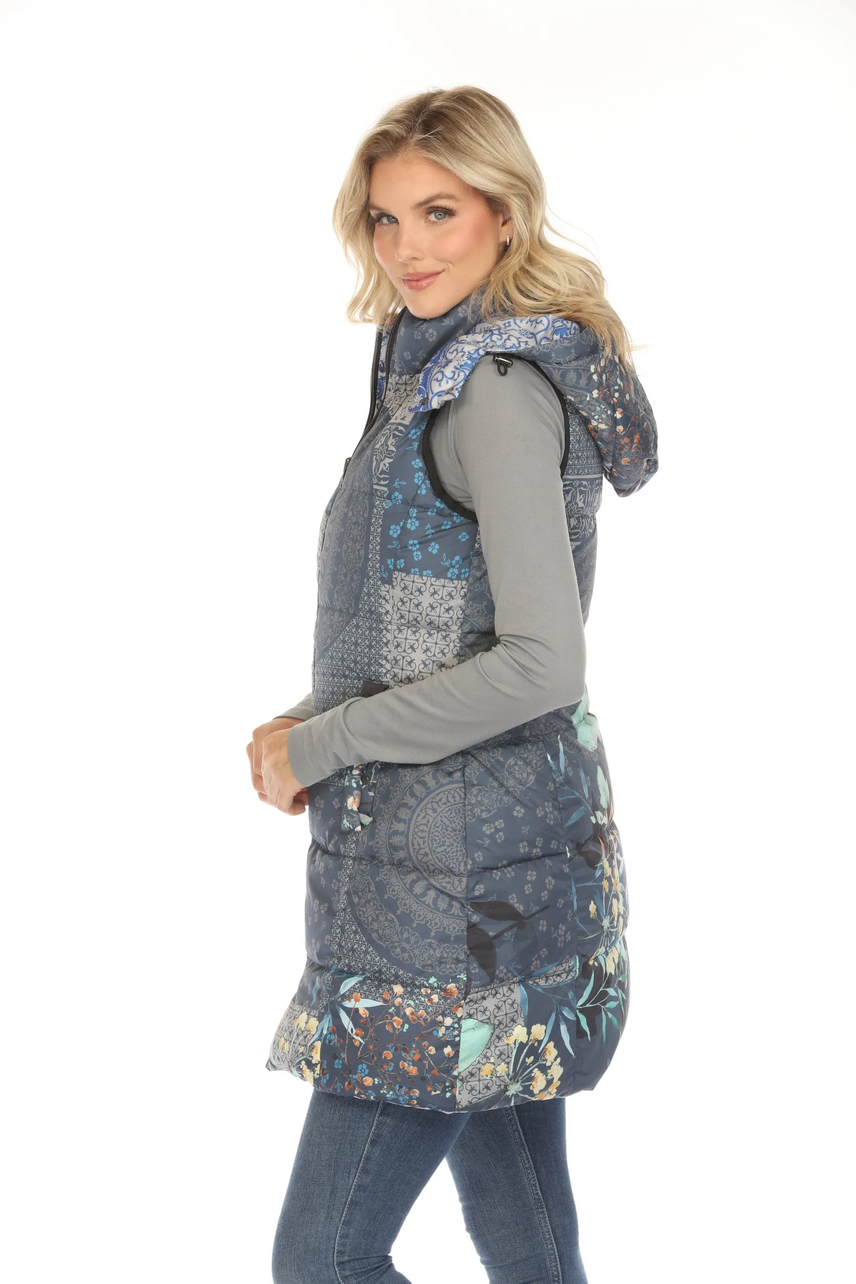 Johnny Was Blue Reversible Hooded Long Puffer Vest LL3243