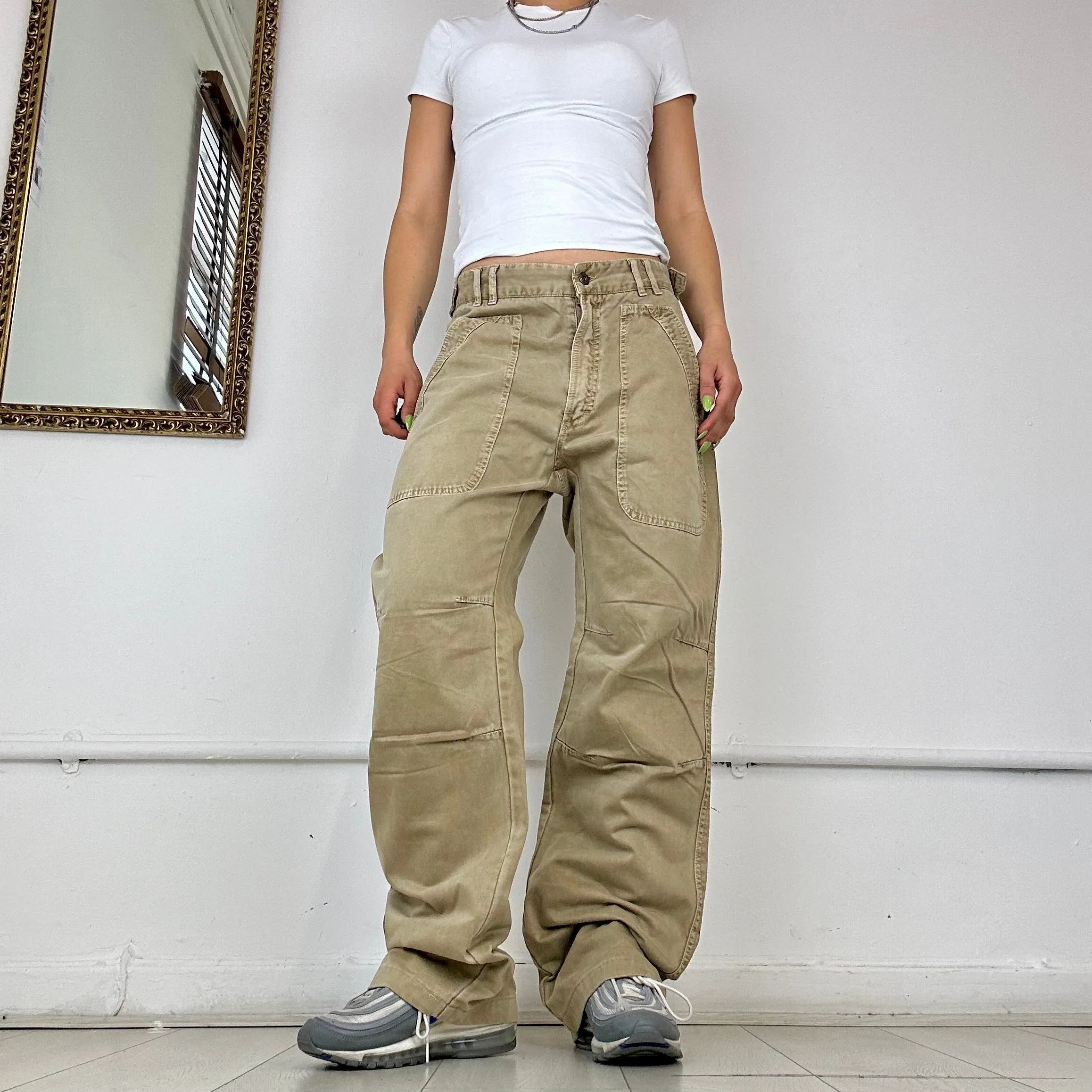 khaki baggy cargo trousers