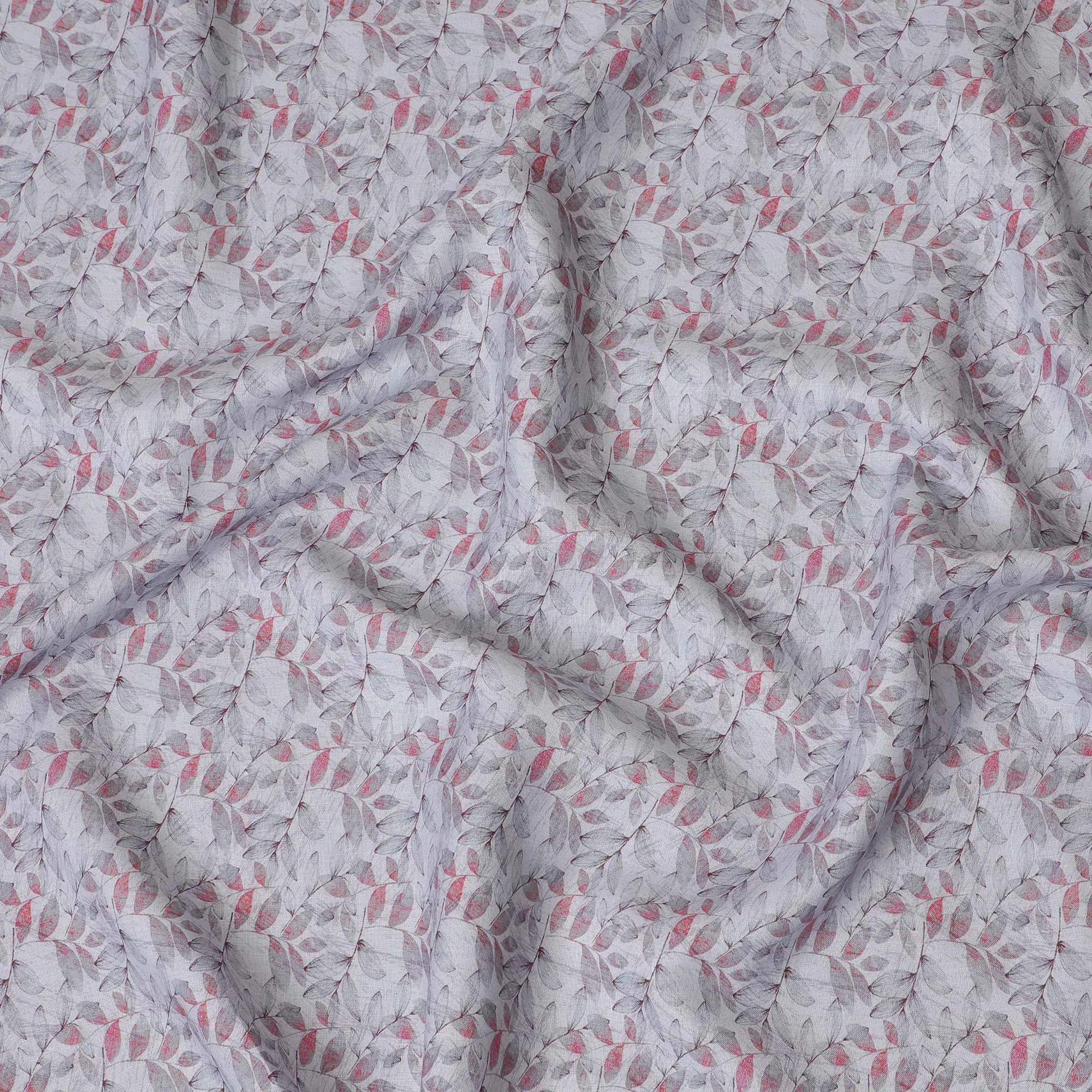 Light Grey with Pink Leaf Print Pure Linen Fabric - 150 cm Width-D19998