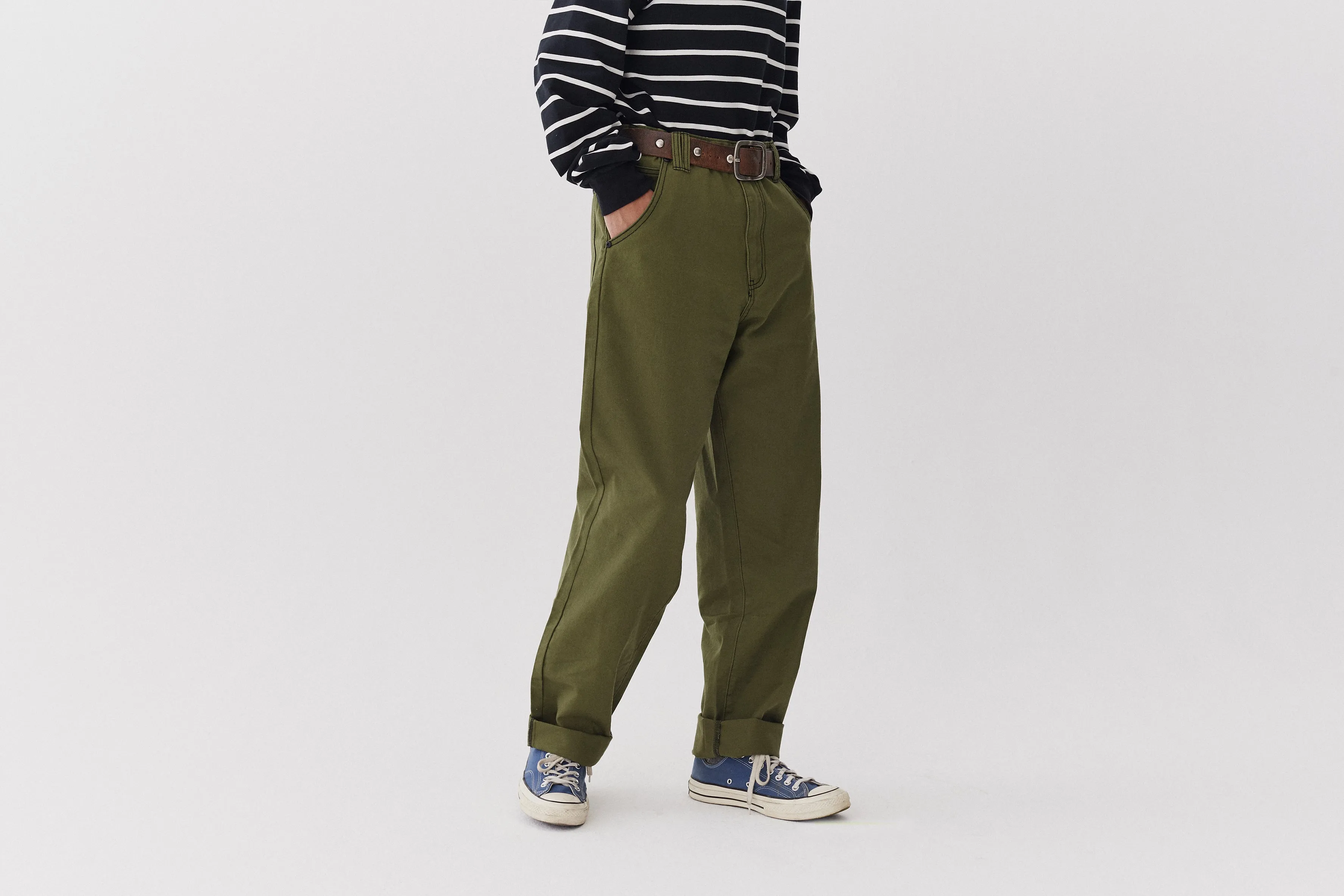 LO Contrast Stitch Khaki Trousers