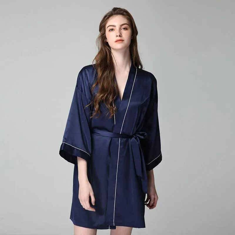 Luxury Sexy Womens Silk Robe 100% Mulberry Silk Bathrobe Silk Nightwear With White Piping