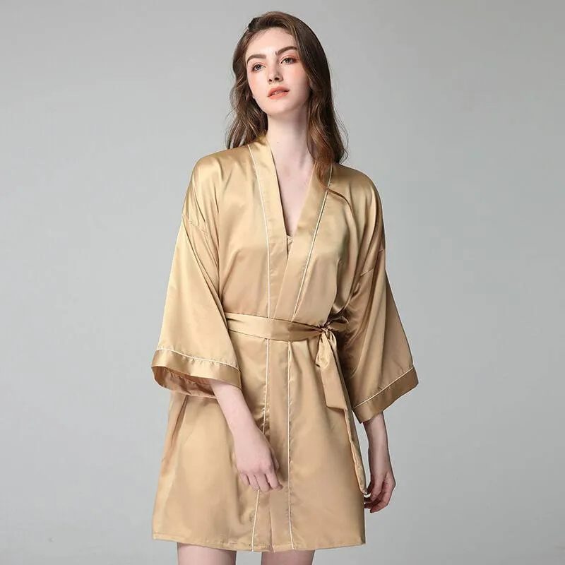 Luxury Sexy Womens Silk Robe 100% Mulberry Silk Bathrobe Silk Nightwear With White Piping