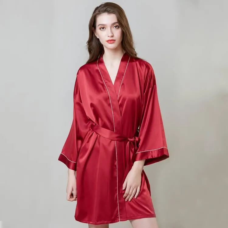 Luxury Sexy Womens Silk Robe 100% Mulberry Silk Bathrobe Silk Nightwear With White Piping